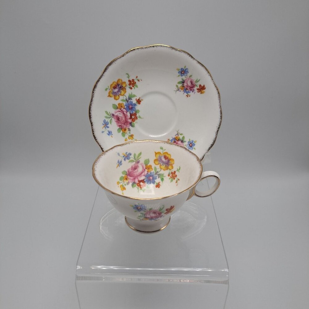 Radfords Bone China Floral Teacup & Saucer Set Gold Trim England Vintage